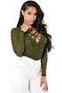 Sexy Green Floral Applique Front Long Sleeve Mesh Bodysuit